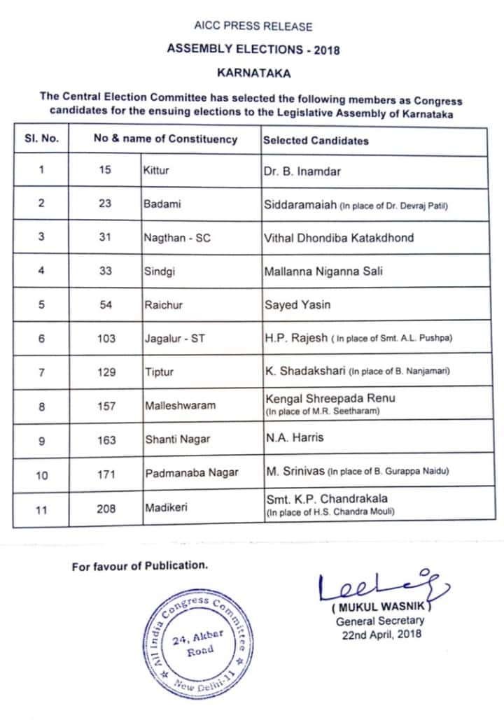 Congress releases final list  for Karnataka Assembly Election, Haris to contest from Shanthinagar