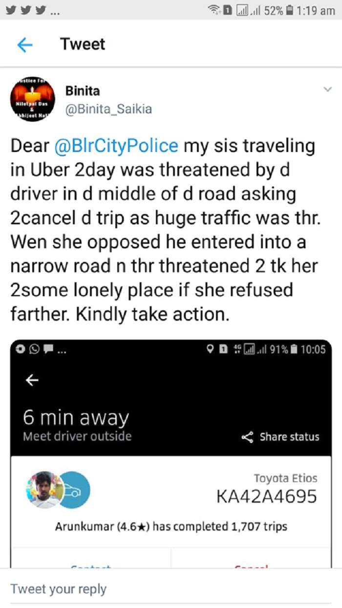 Bengaluru Uber taxi driver misbehaved with lady techie