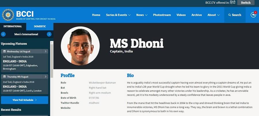 MS Dhoni is still the Indian captain on BCCI’s official website