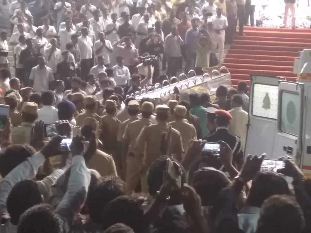 national flag clothed in Karunanidhi body with military respect