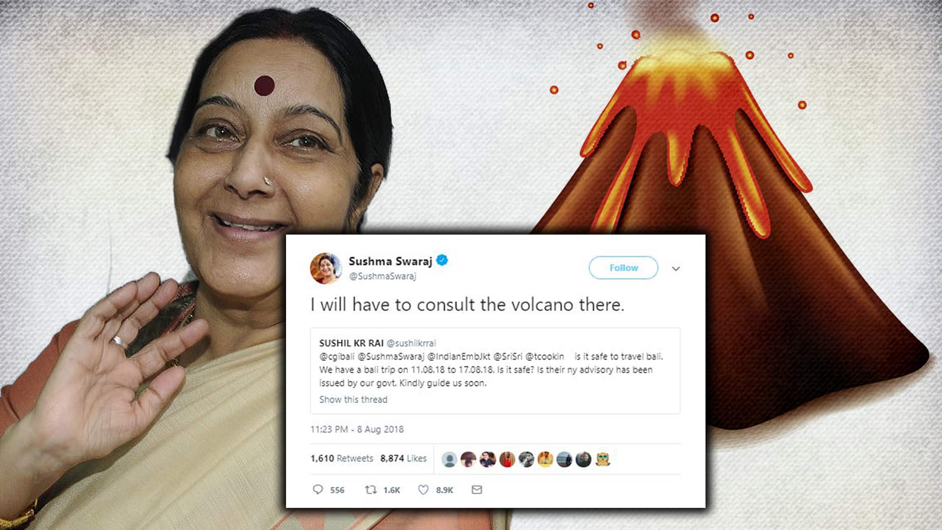 Sushma Swaraj Twitter humour savage Volcano Bali travel