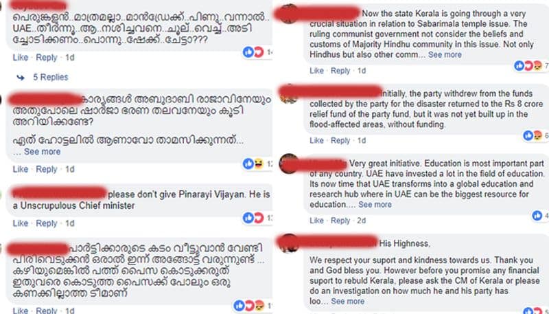 comments against Pinarayi Vijayan on Dubai Sheikh's Facebook page