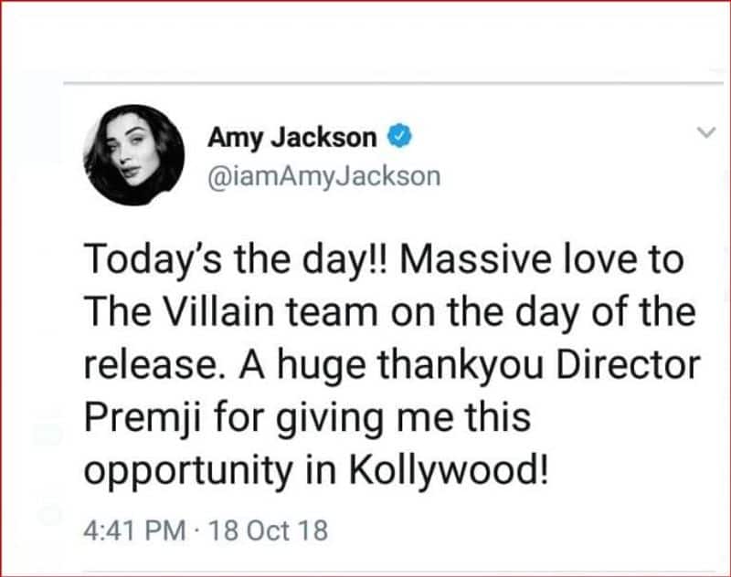 Kannadigas Angry with Sandalwood Movie The villain Heroine Amy Jackson Tweet