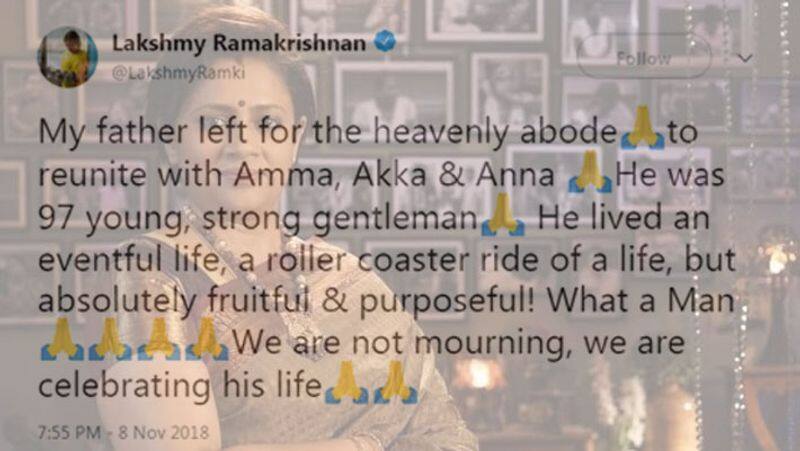 Lakshmy Ramakrishnan shared the news that her father passed away