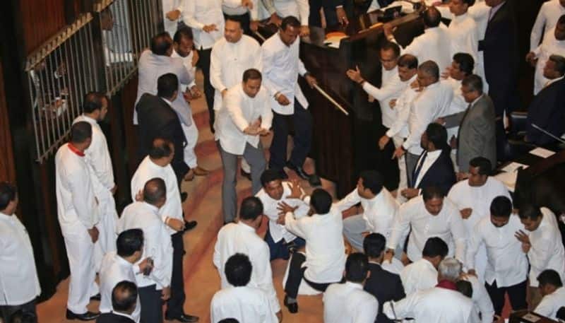 Sri Lanka political crisis ministers fight Parliament Mahinda Rajapaksa
