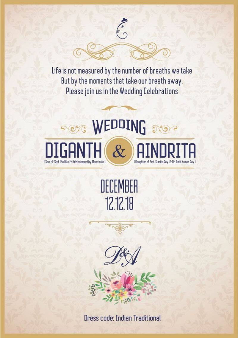 Diganth-Aindrita Ray wedding card trending in social media