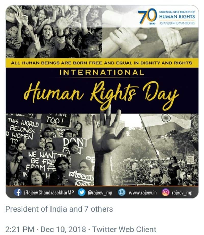 BJP MP rajeev chandrasekar wishes world Human Rights day