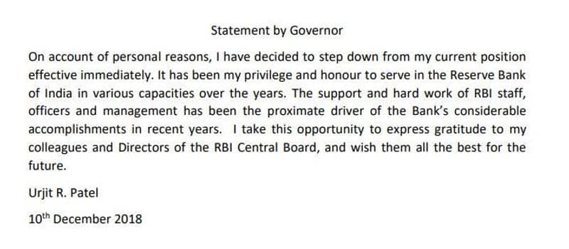 Urjit Patel resigns as the RBI Governor