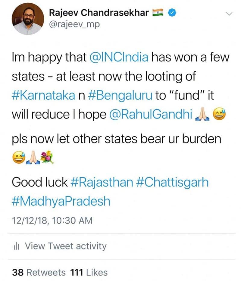 rajeev chandrasekar tweet about the victory of congress