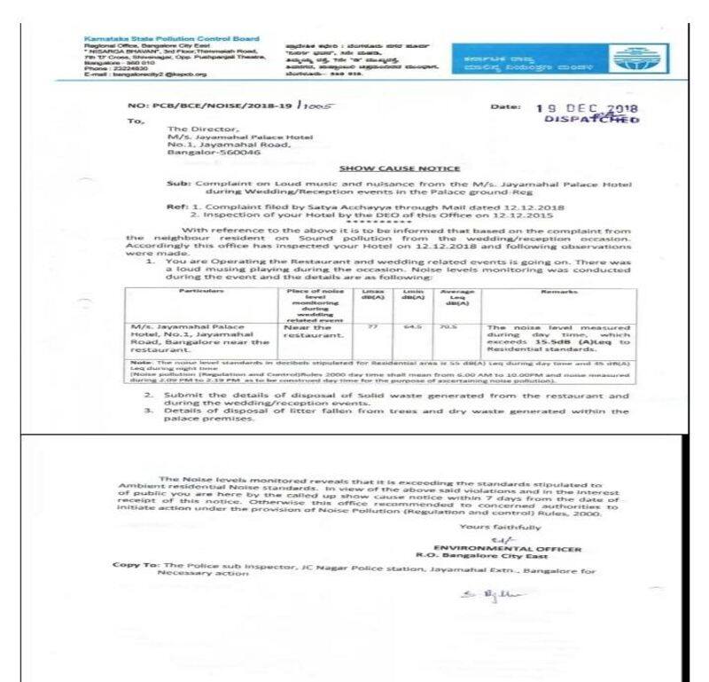 Noise nuisance KSPCB notice to Jayamahal Palace Bengaluru