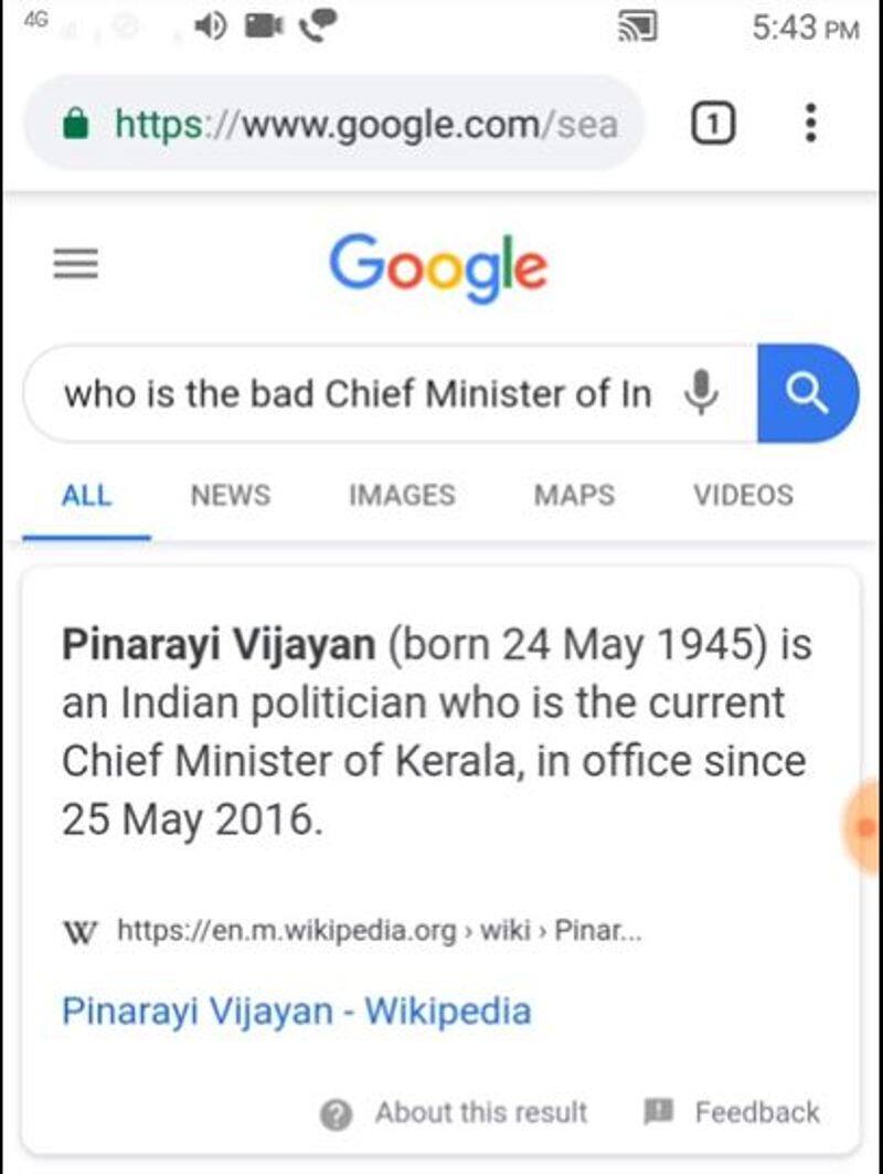 Google says Pinarayi Vijayan is he a bad chief minister