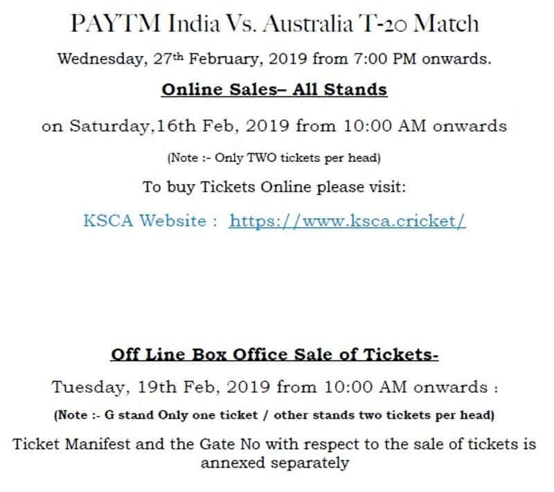 India-Australia T20I Bengaluru: Sale tickets online February 16 box office sales February 19