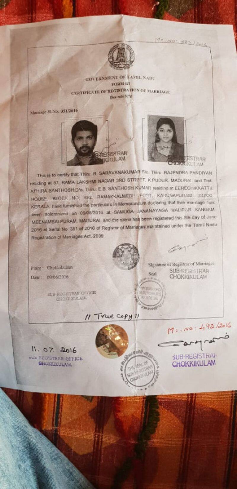 aditi menon abi saravanan marriage certificate controversy