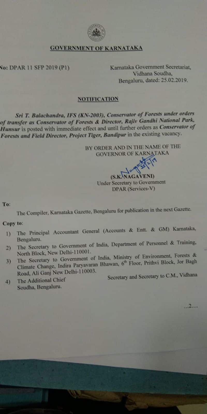 Karnataka Govt appoints T Balachandra a New Bandipur FC
