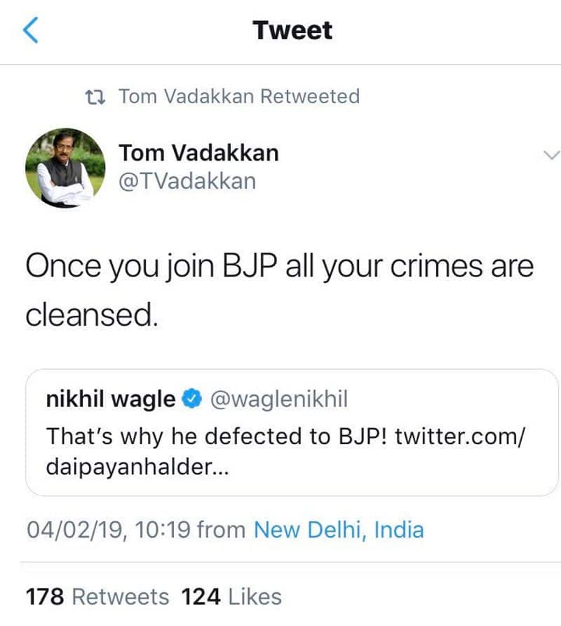 Congress's Tom Vadakkan Switches to BJP, Twitter Digs Up His Anti-BJP Post