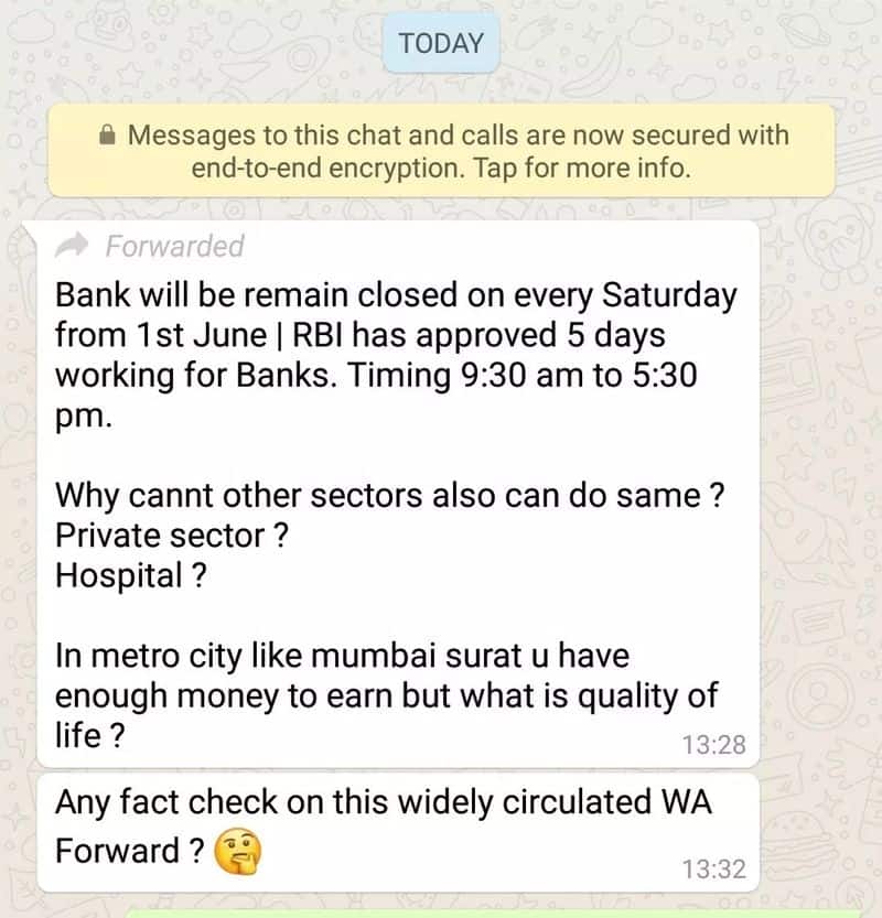 Viral Check message falsely claims all banks to be closed every Saturday starting June 1st