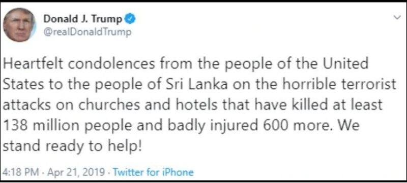 Trump made an appalling mistake while tweeting on  Sri Lanka blasts