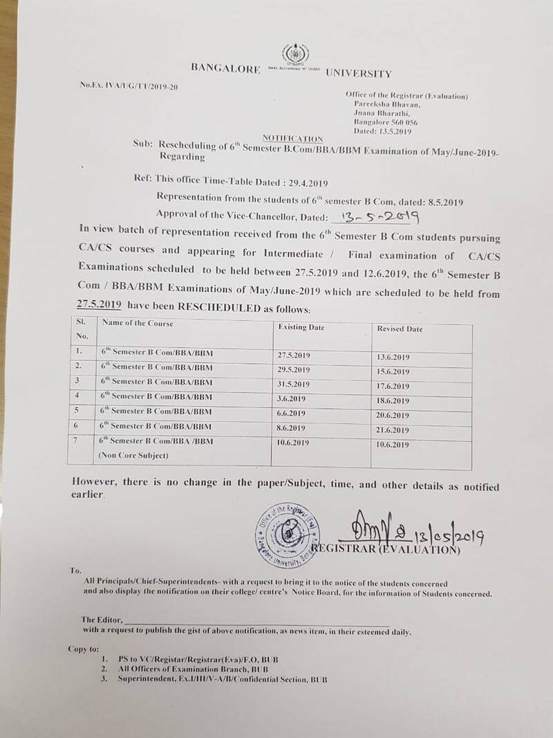Bangalore University postpones commerce 6th Sem Exams Time Table