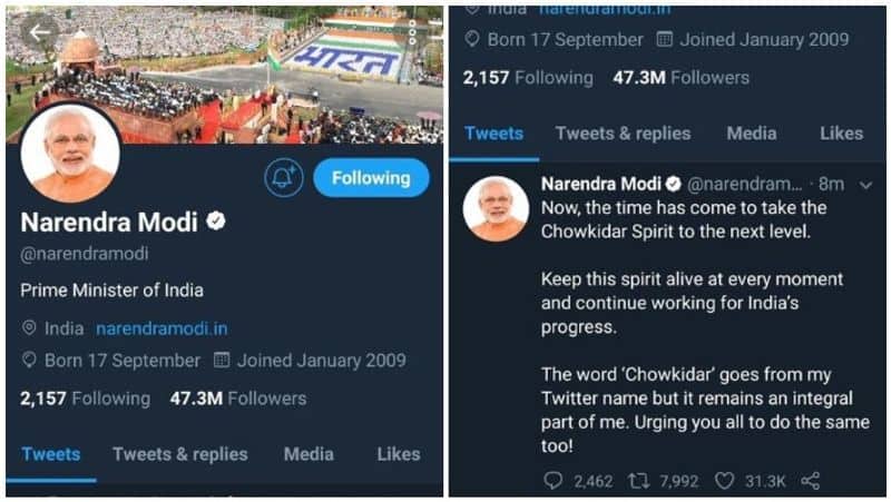 modi removes the chowkidhar caption from his twitter account
