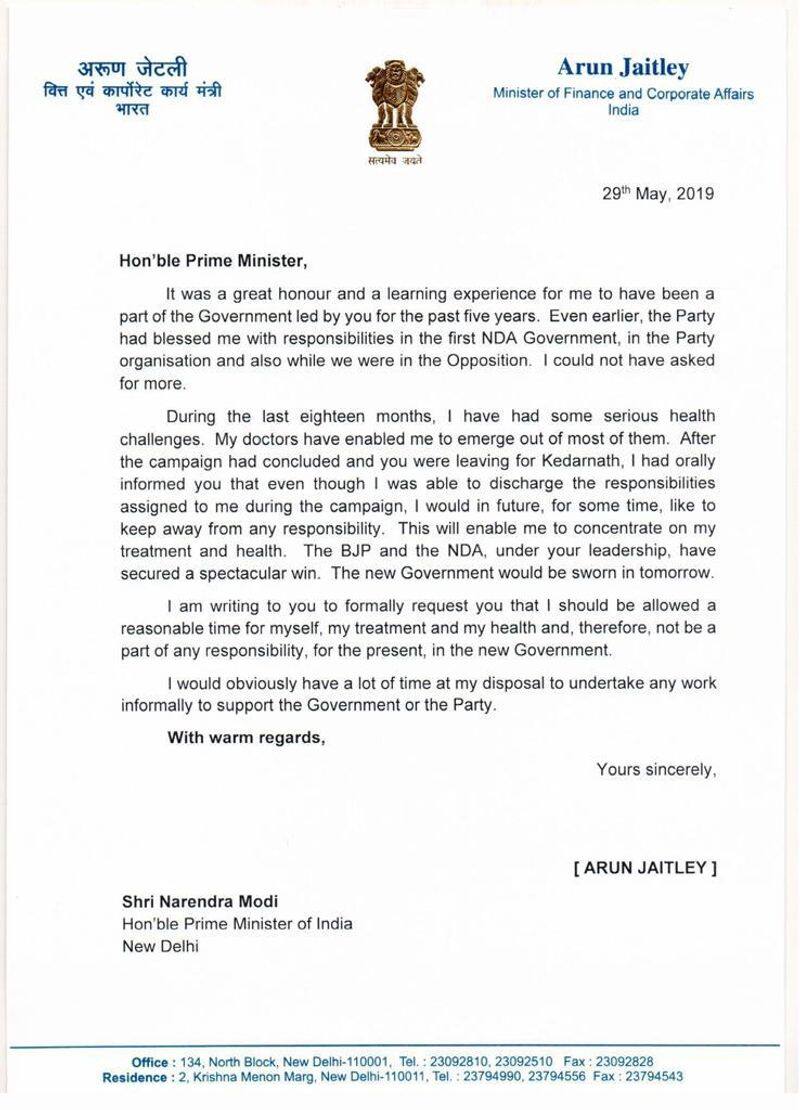 Arun Jaitley writes to PM Narendra Modi requests to not give him any responsibility for the present in government citing health