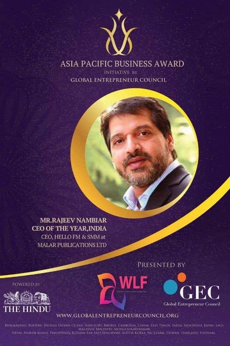 rajeev nambiyar got award the ceo of the year 2019 by global entrepreneur council