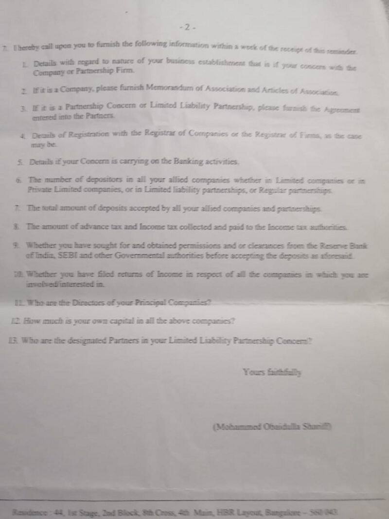 KPCC Secretary Mohammed Obaidullah Sharif Writes A Letter To IMA Fraud Mansoor Khan