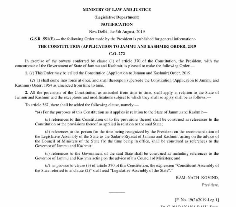 Article 370 that grants special status to Jammu and Kashmir scrapped.