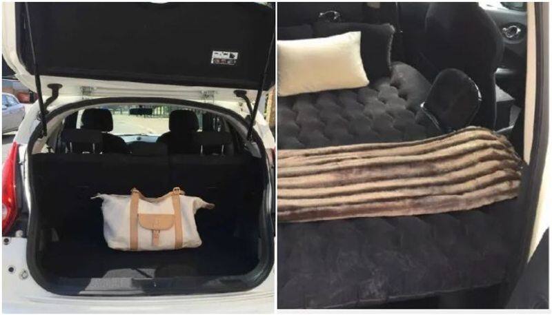 single mother puts back seat of her car to rent room
