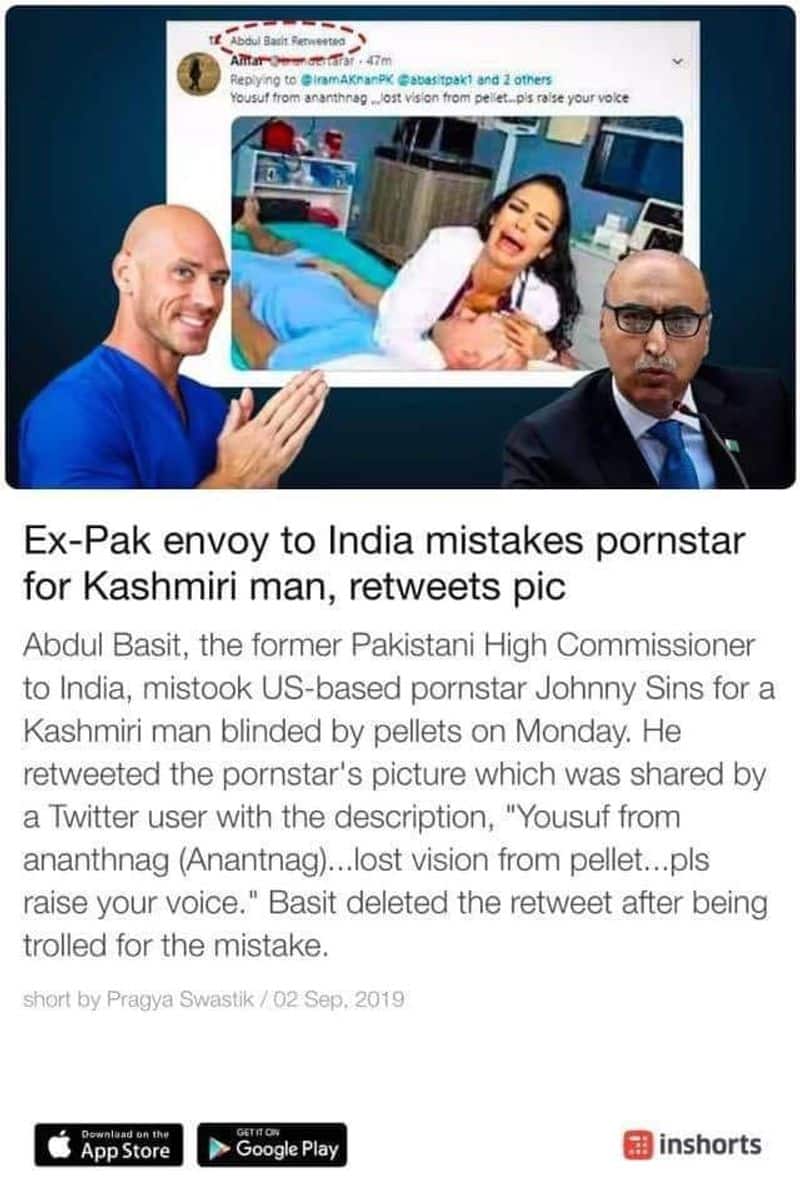 Ex Pakistan envoy Abdul Basit mistakes porn star picture