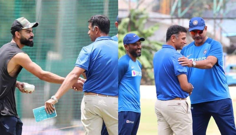 Rahul Dravid spotted in candid conversation with Ravi Shastri at Chinnaswamy Stadium
