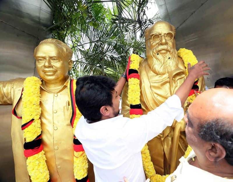 udayanidhi stalin and anbil mahesh poiyamozhi honoured periyar and anna statue in thirupur