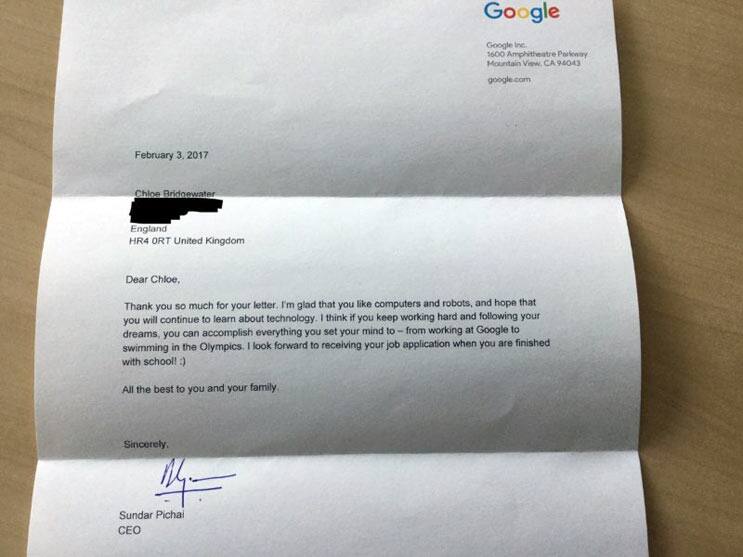 seven  year old asks for Google job Sundar Pichai tells her to finish school