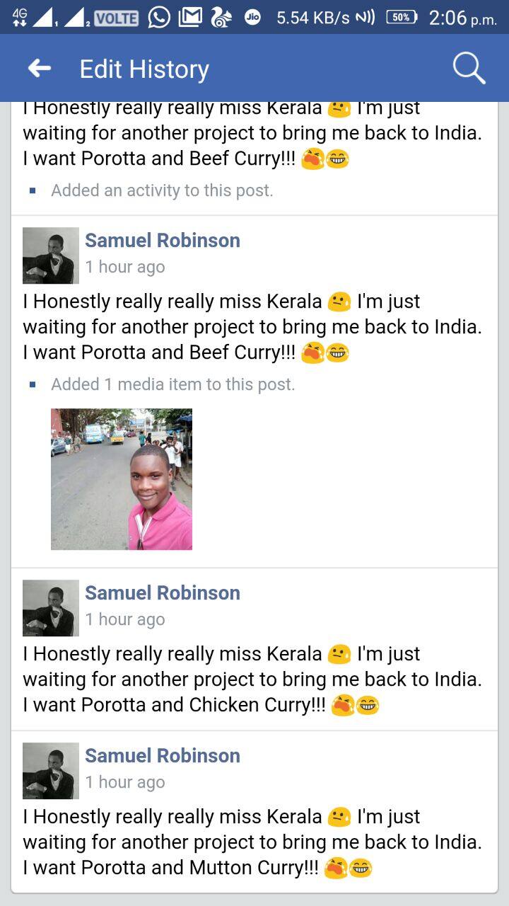 Samuel Robinson Facebook post About  Porotta and Beef Curry Kerala