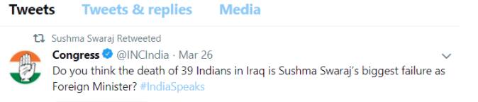 Sushma Swaraj retweeted a Congress poll against her