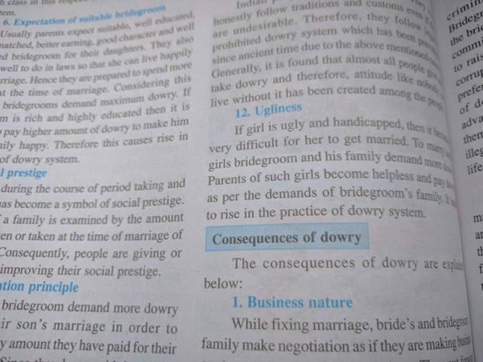 Dowry prevails because of ugly women says Maharashtra Sociology textbook