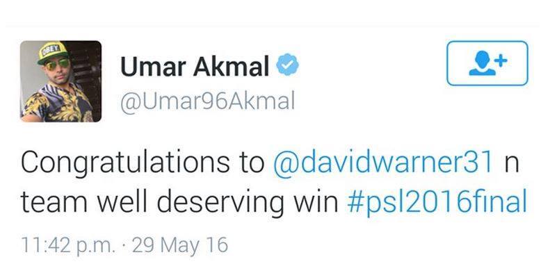 After IPL 9 win, Umar Akmal congratulates David Warner for winning ‘PSL 2016’