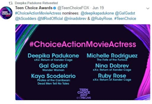 Deepika Padukone to battle Wonder Woman Gal Gadot for Teen Choice Awards