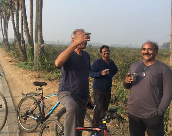 cpi narayana takes a glass of toddy  after a morning cycling