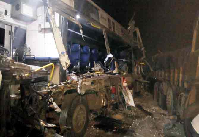 six killed when bus rammed into a truck near suryapet Telangana