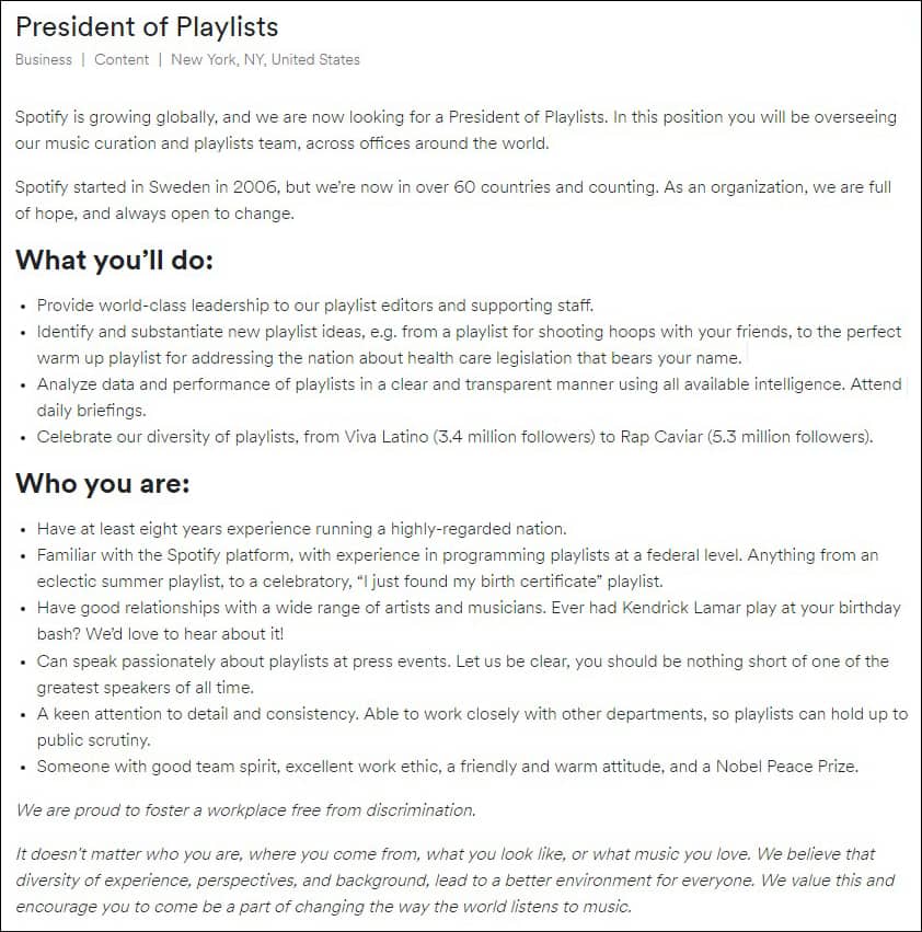 Spotify offers POTUS a job