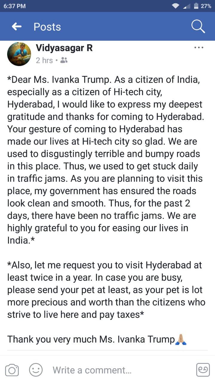 hyderabad youngster facebook post about ivanka trump going viral