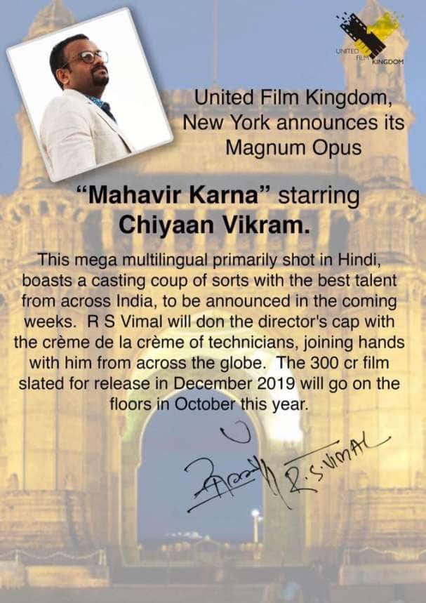 director r s vimal talks about his new movie mahavir karnan starring chiyan vikram