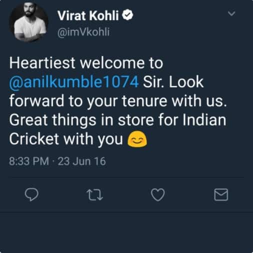 kohli deletes his welcome message for anil kumble on twitter