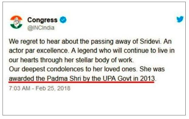 congress tweet on sridevi death