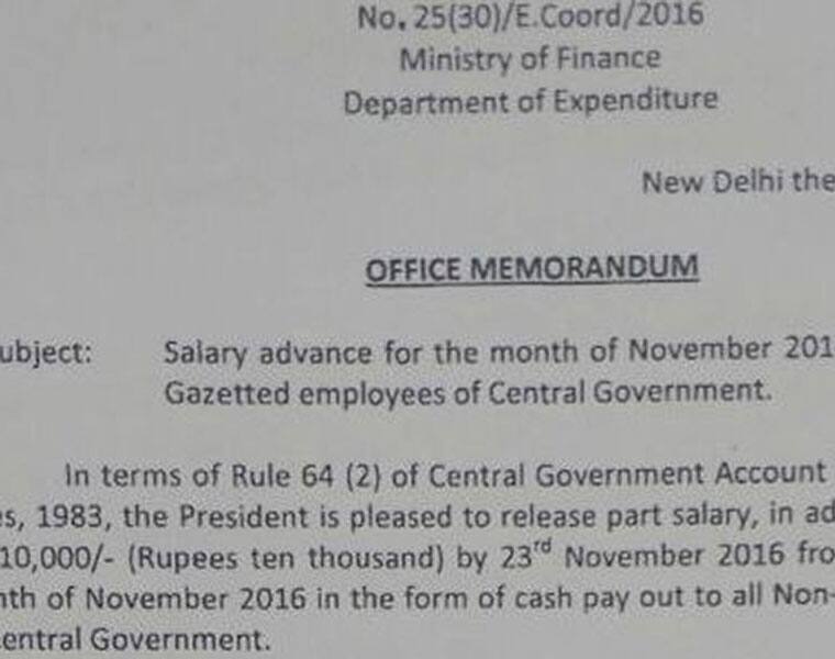 Central Govt employees to receive Rs 10000 by Nov 23