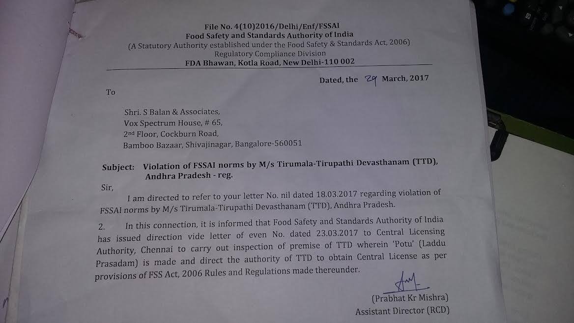 Tirupati laddus illegal FSSAI