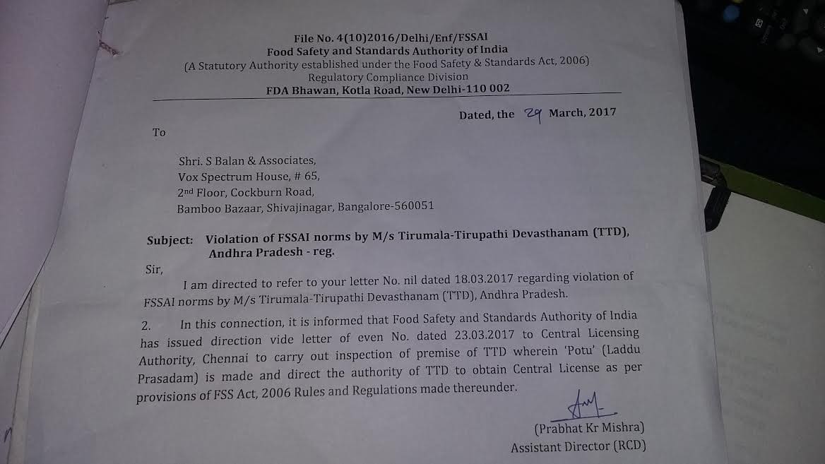 Tirupati laddus illegal FSSAI