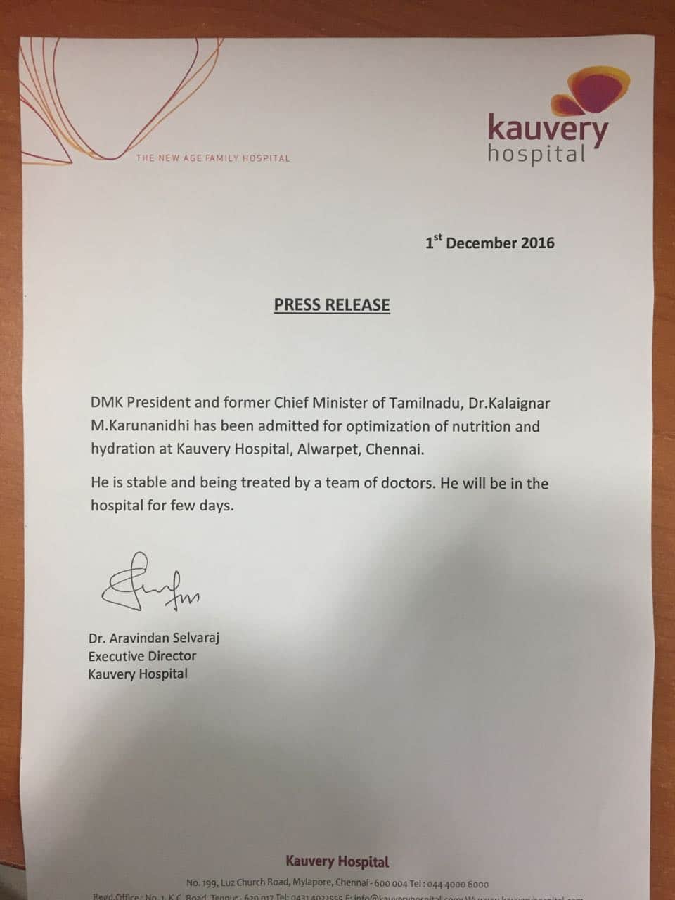 DMK chief M Karunanidhi admitted to hospital in Chennai