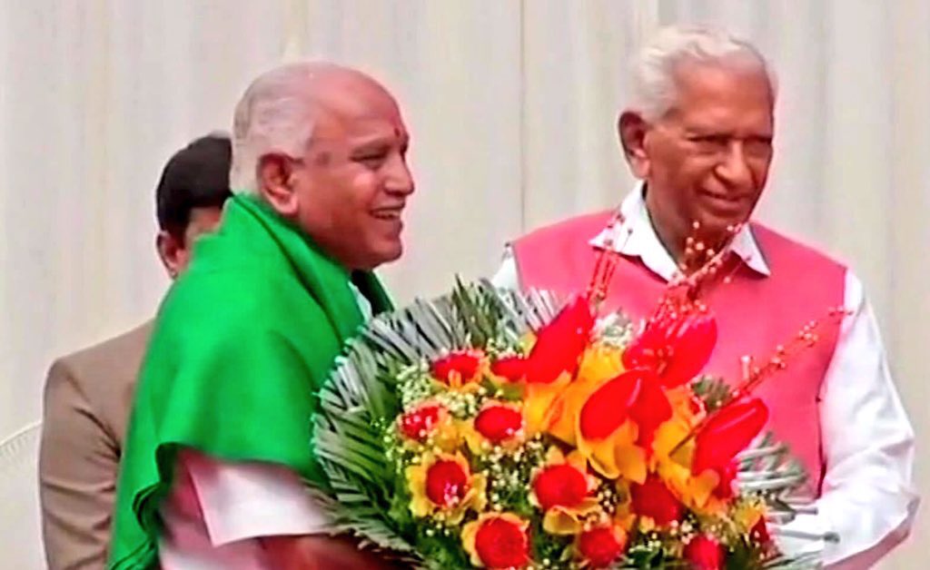 The new CM of Karnataka, Yeddyurappa greeted with a bouquet of flowers