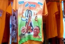 Markets decked up with t-shirts printed with mantras and also photographs of PM Modi & CM Yogi,
